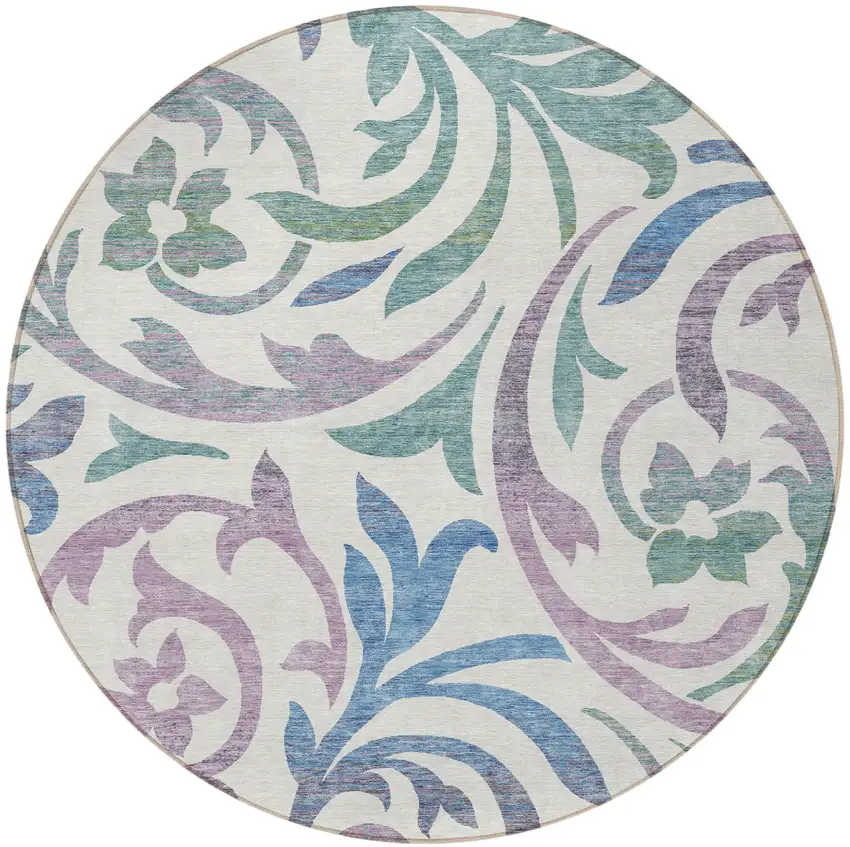 8' White Purple And Sage Round Floral Washable Indoor Outdoor Area Rug Photo 4