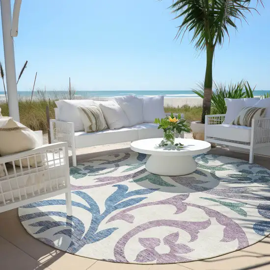 8' White Purple And Sage Round Floral Washable Indoor Outdoor Area Rug Photo 5