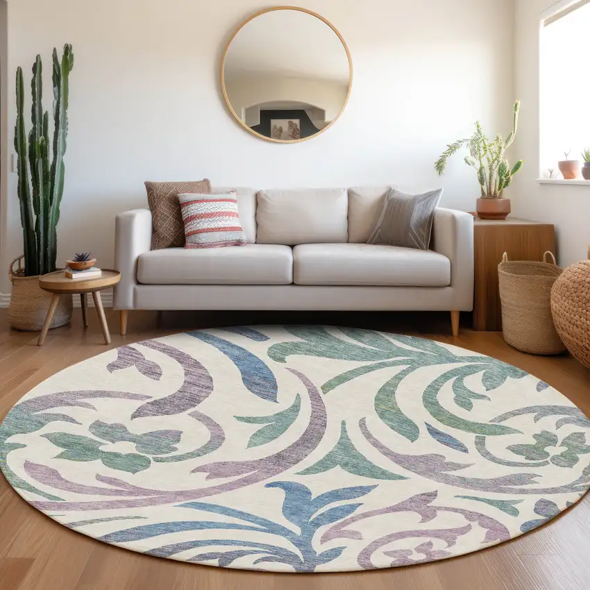 8' White Purple And Sage Round Floral Washable Indoor Outdoor Area Rug Photo 6