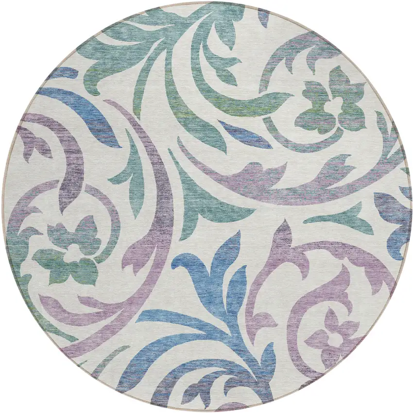 8' White Purple And Sage Round Floral Washable Indoor Outdoor Area Rug Photo 1