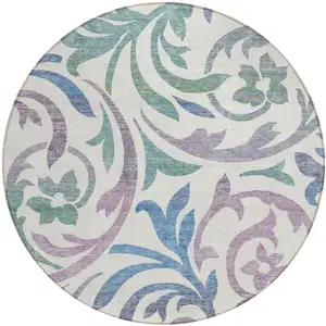 Photo of 8' White Purple And Sage Round Floral Washable Indoor Outdoor Area Rug