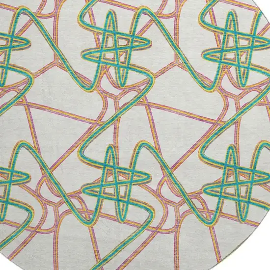 8' White Purple And Teal Geometric Washable Round Rug With UV Protection Photo 2