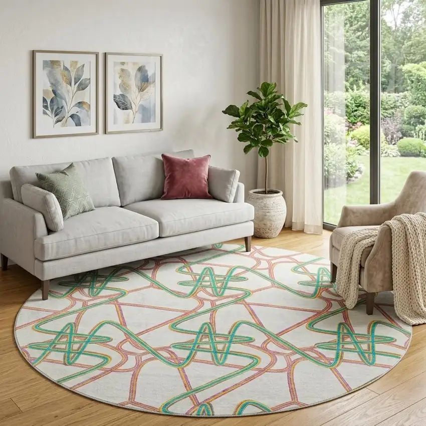 8' White Purple And Teal Geometric Washable Round Rug With UV Protection Photo 1
