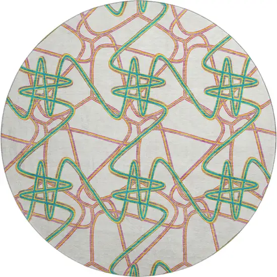 8' White Purple And Teal Geometric Washable Round Rug With UV Protection Photo 1