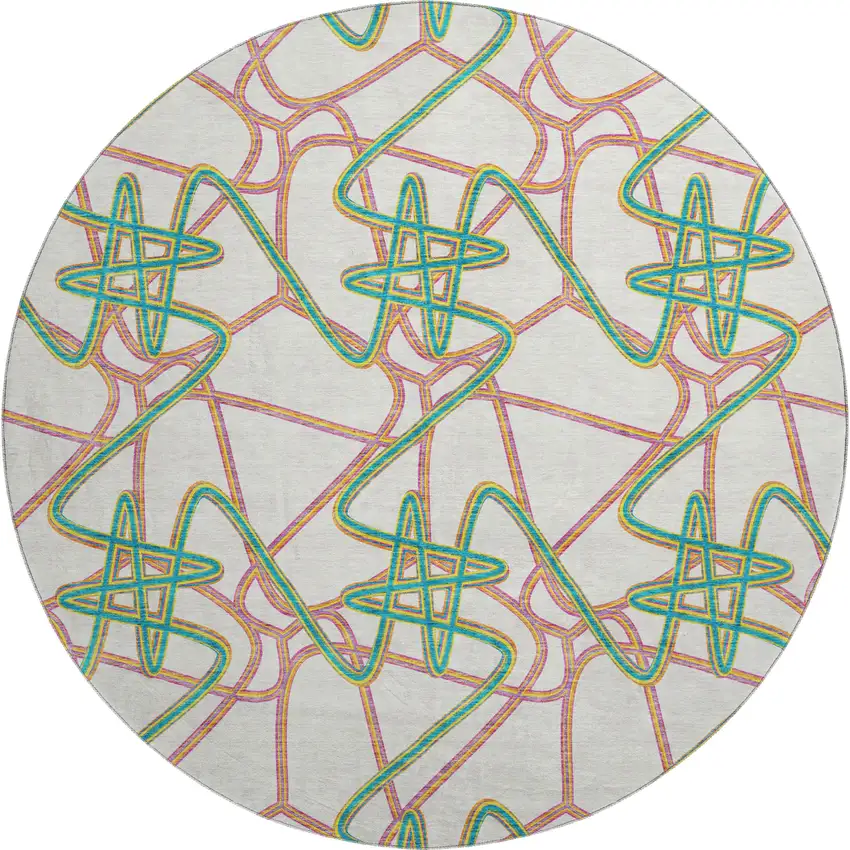 8' White Purple And Teal Geometric Washable Round Rug With UV Protection Photo 1