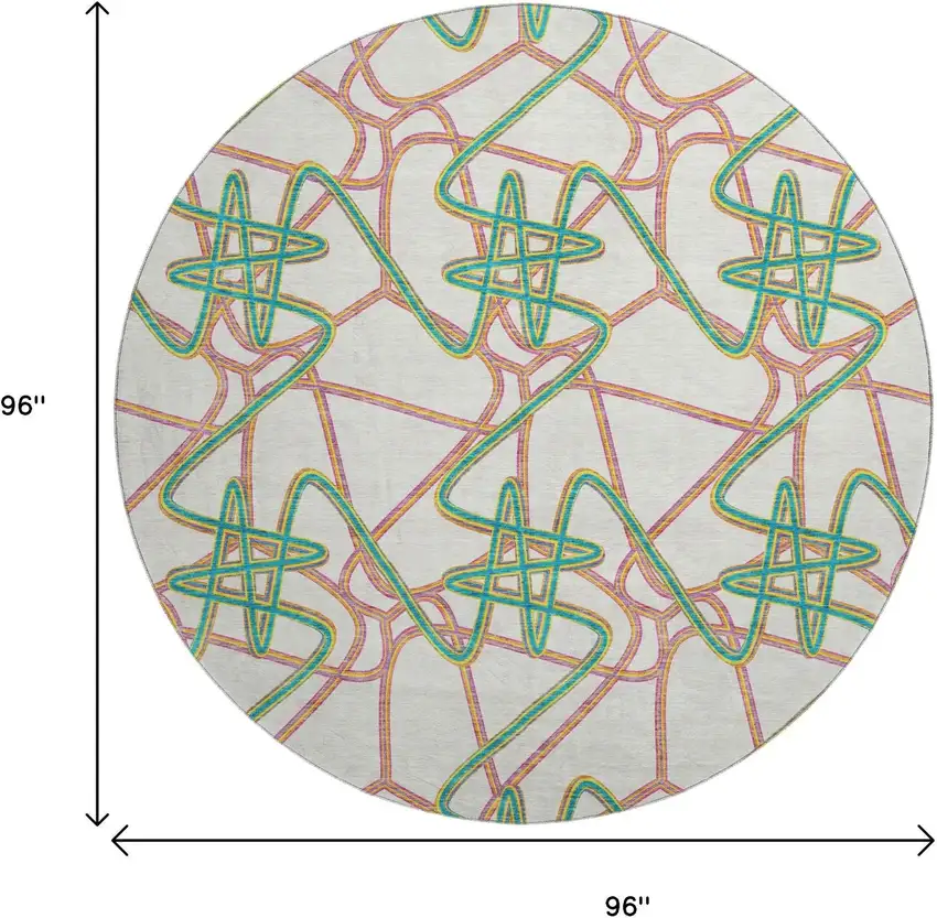 8' White Purple And Teal Geometric Washable Round Rug With UV Protection Photo 9