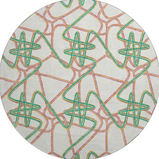 8' White Purple And Teal Geometric Washable Round Rug With UV Protection Photo 3