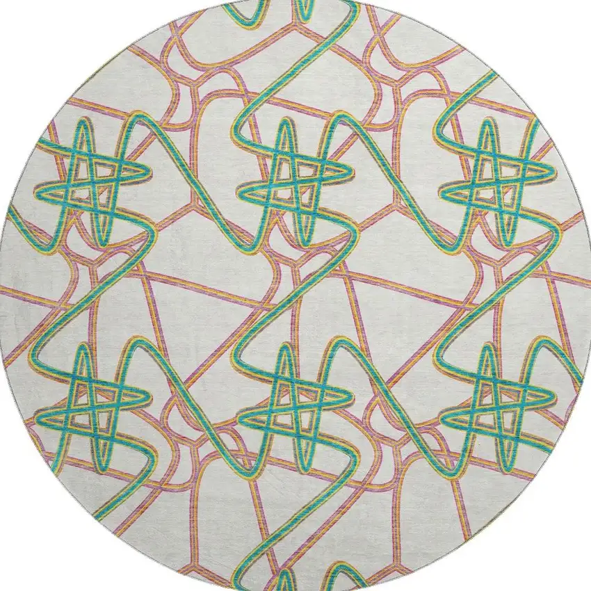 8' White Purple And Teal Geometric Washable Round Rug With UV Protection Photo 3