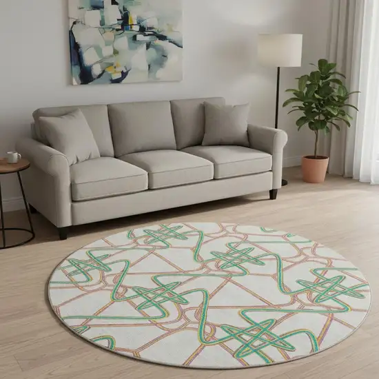 8' White Purple And Teal Geometric Washable Round Rug With UV Protection Photo 2