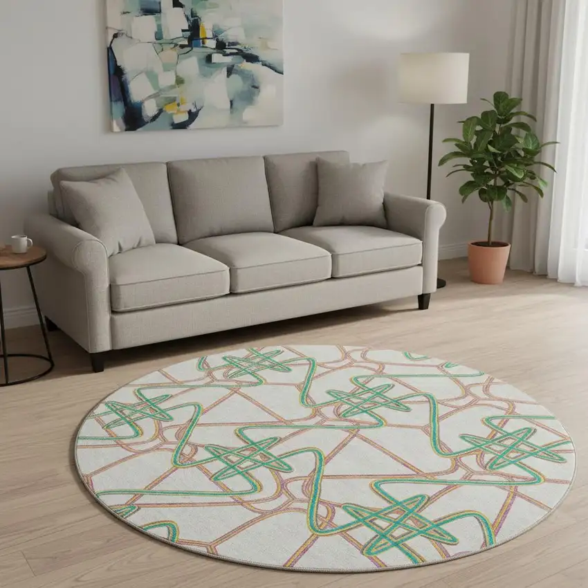 8' White Purple And Teal Geometric Washable Round Rug With UV Protection Photo 2