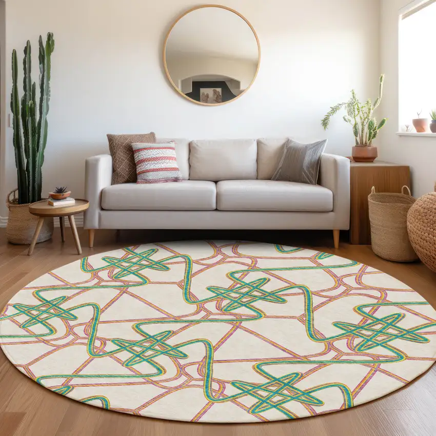 8' White Purple And Teal Geometric Washable Round Rug With UV Protection Photo 4