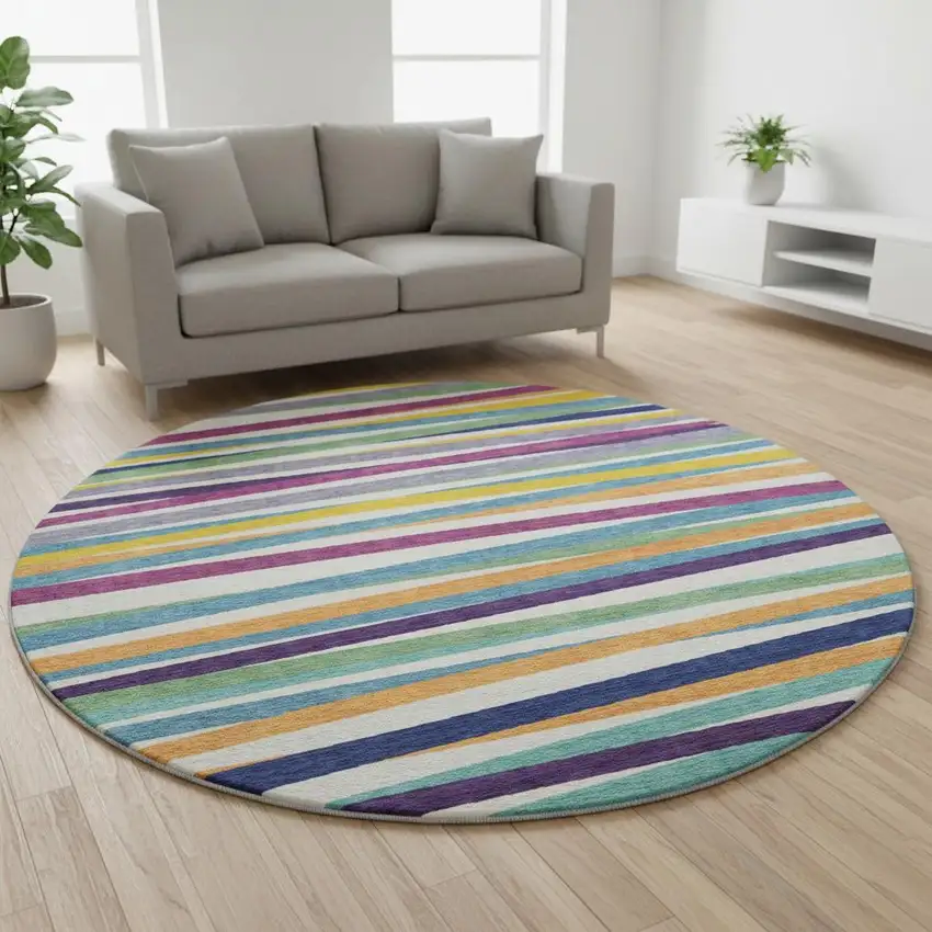 8' White Purple And Yellow Striped Washable Round Rug With UV Protection Photo 2