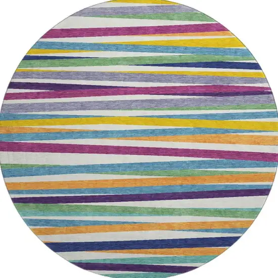 8' White Purple And Yellow Striped Washable Round Rug With UV Protection Photo 3