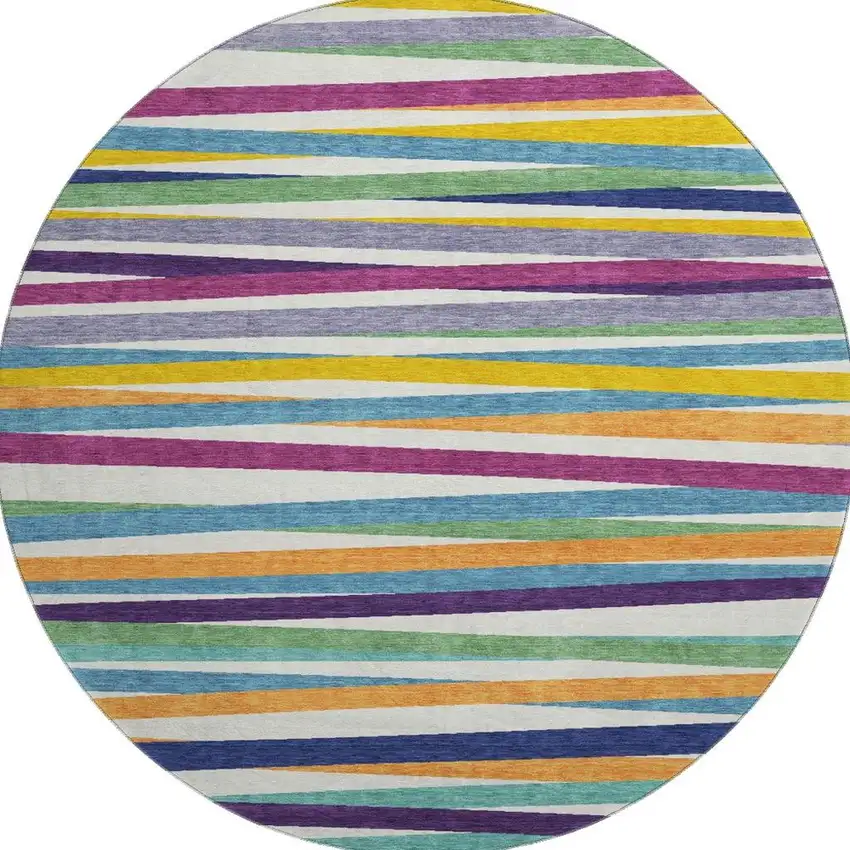 8' White Purple And Yellow Striped Washable Round Rug With UV Protection Photo 3