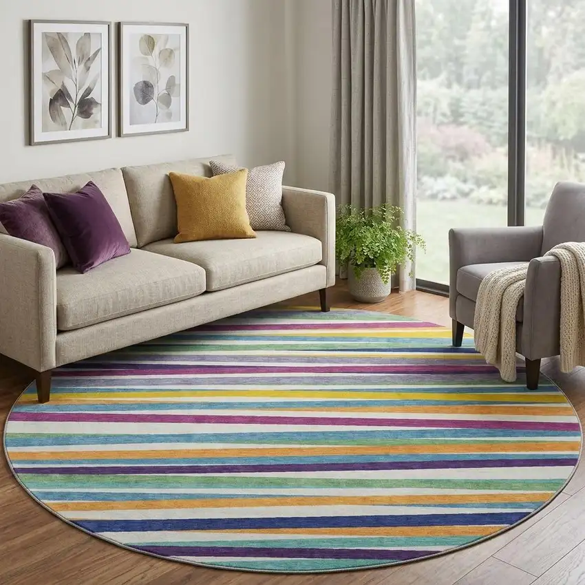8' White Purple And Yellow Striped Washable Round Rug With UV Protection Photo 1