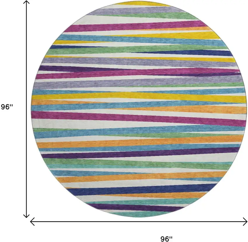 8' White Purple And Yellow Striped Washable Round Rug With UV Protection Photo 9