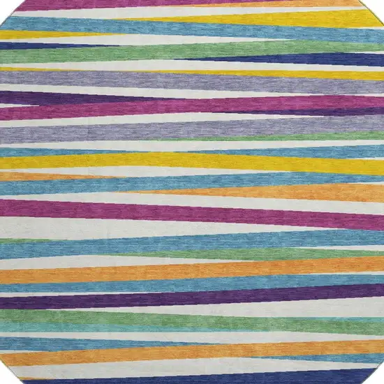 8' White Purple And Yellow Striped Washable Round Rug With UV Protection Photo 2