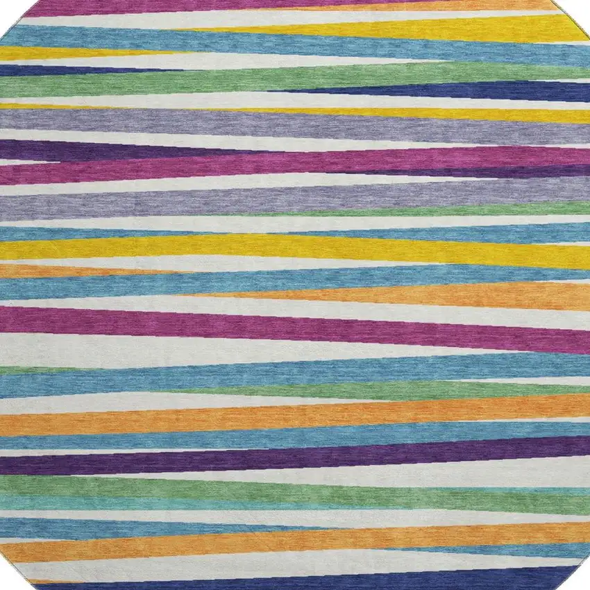 8' White Purple And Yellow Striped Washable Round Rug With UV Protection Photo 2