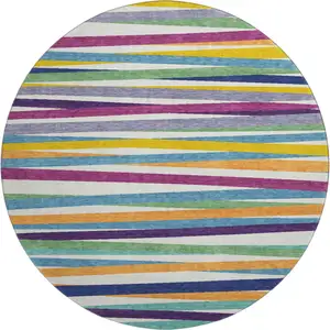 Photo of 8' White Purple And Yellow Striped Washable Round Rug With UV Protection