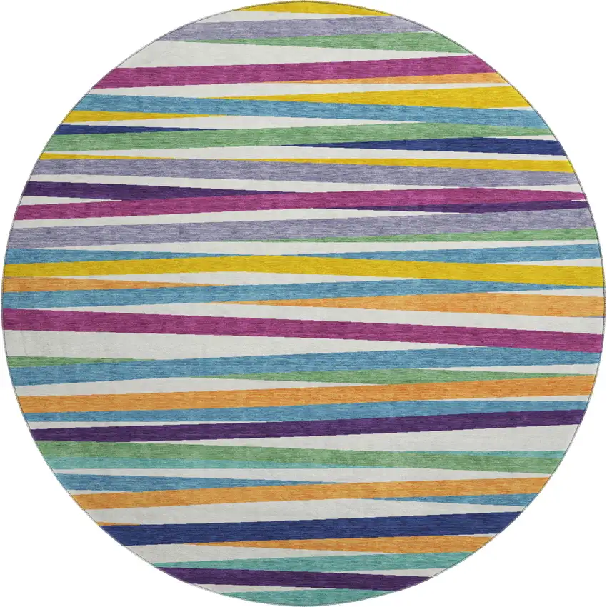 8' White Purple And Yellow Striped Washable Round Rug With UV Protection Photo 1