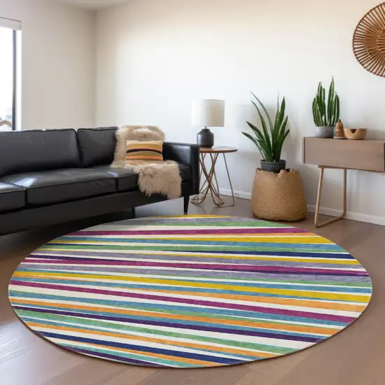 8' White Purple And Yellow Striped Washable Round Rug With UV Protection Photo 4