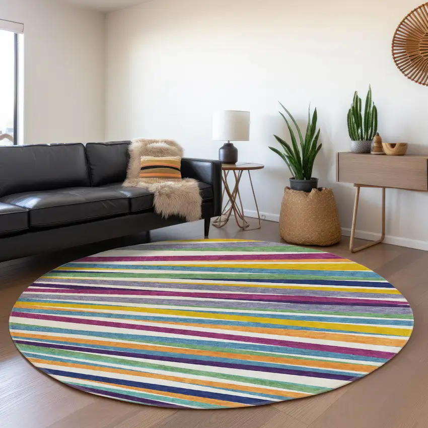 8' White Purple And Yellow Striped Washable Round Rug With UV Protection Photo 4