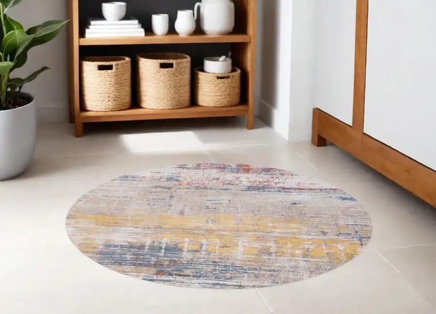 5' White Round Abstract Non Skid Area Rug Photo 1