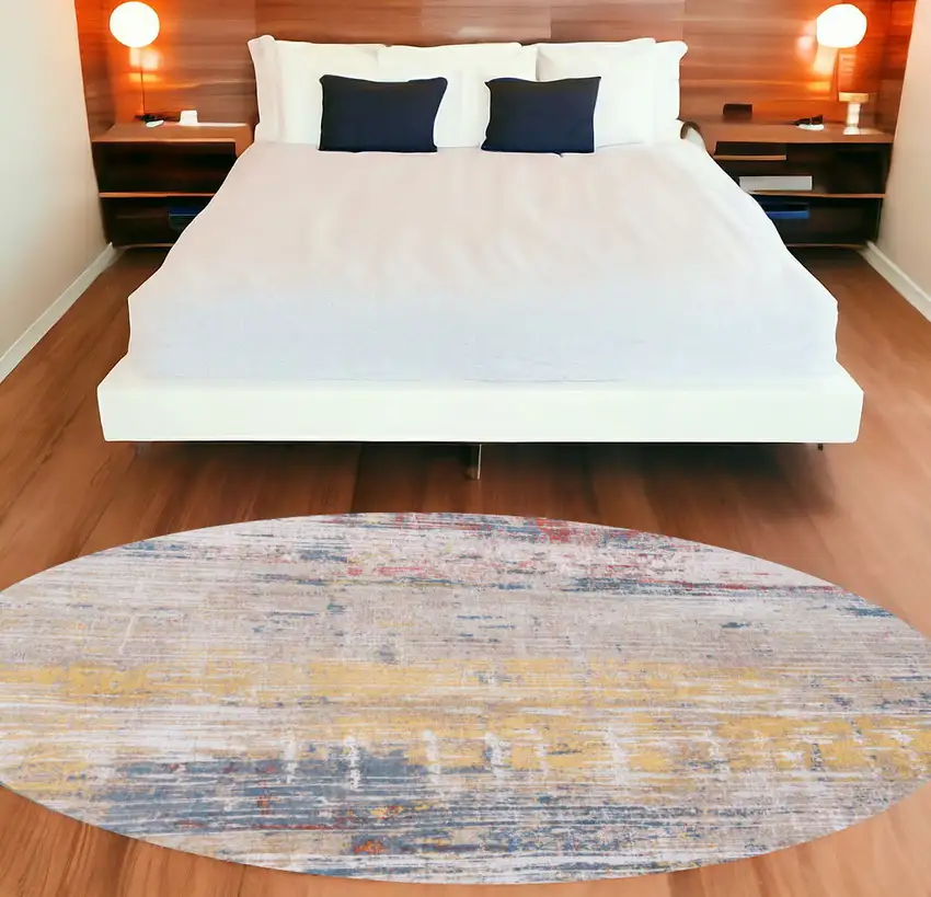 8' White Round Abstract Non Skid Area Rug Photo 1
