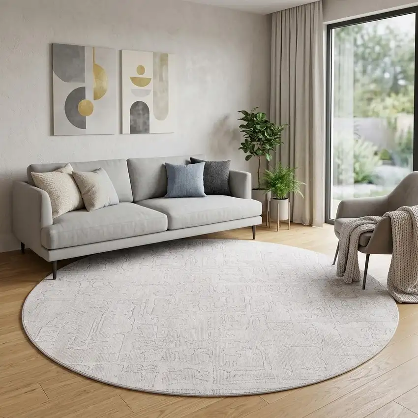 8' White Round Abstract Non Skid Area Rug Photo 1
