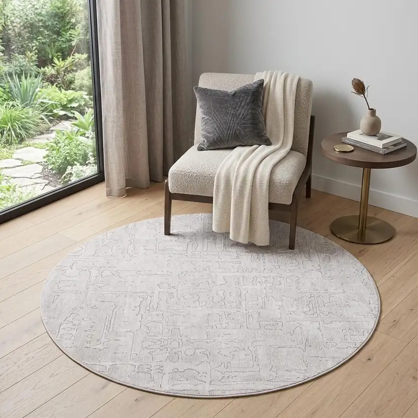 5' White Round Abstract Non Skid Area Rug Photo 1