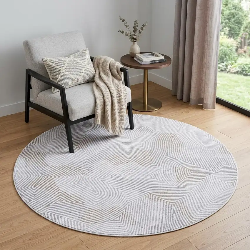 5' White Round Abstract Non Skid Area Rug Photo 1