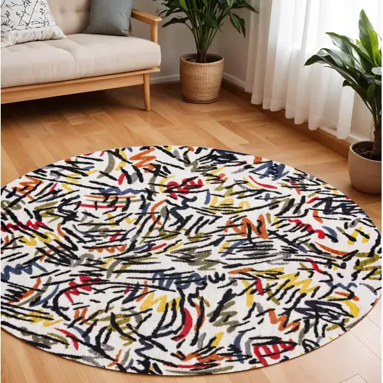 8' White Round Abstract Non Skid Area Rug Photo 1
