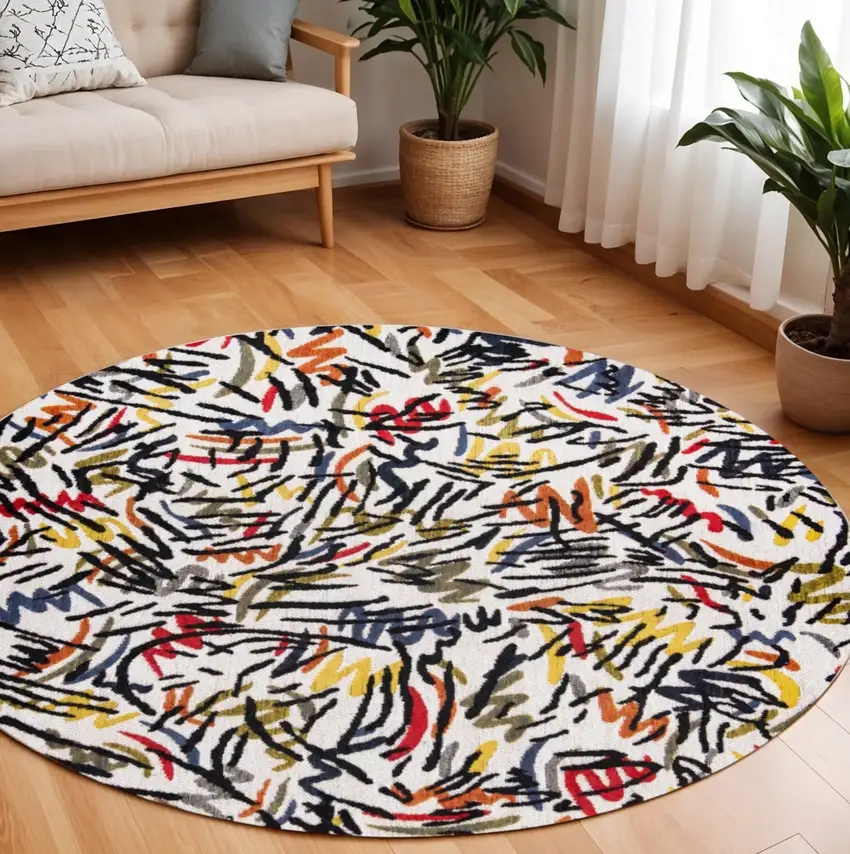 8' White Round Abstract Non Skid Area Rug Photo 1