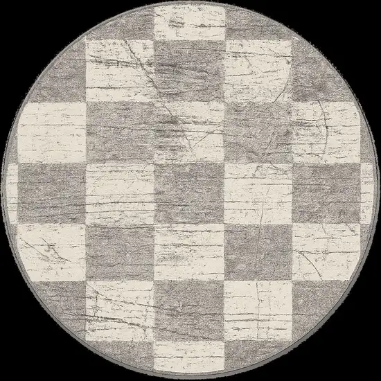 5' White Round Checkered Power Loom Area Rug Photo 7