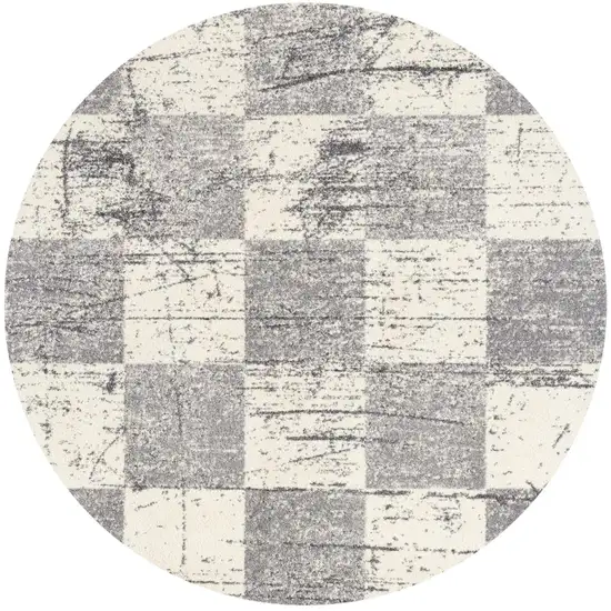 5' White Round Checkered Power Loom Area Rug Photo 2