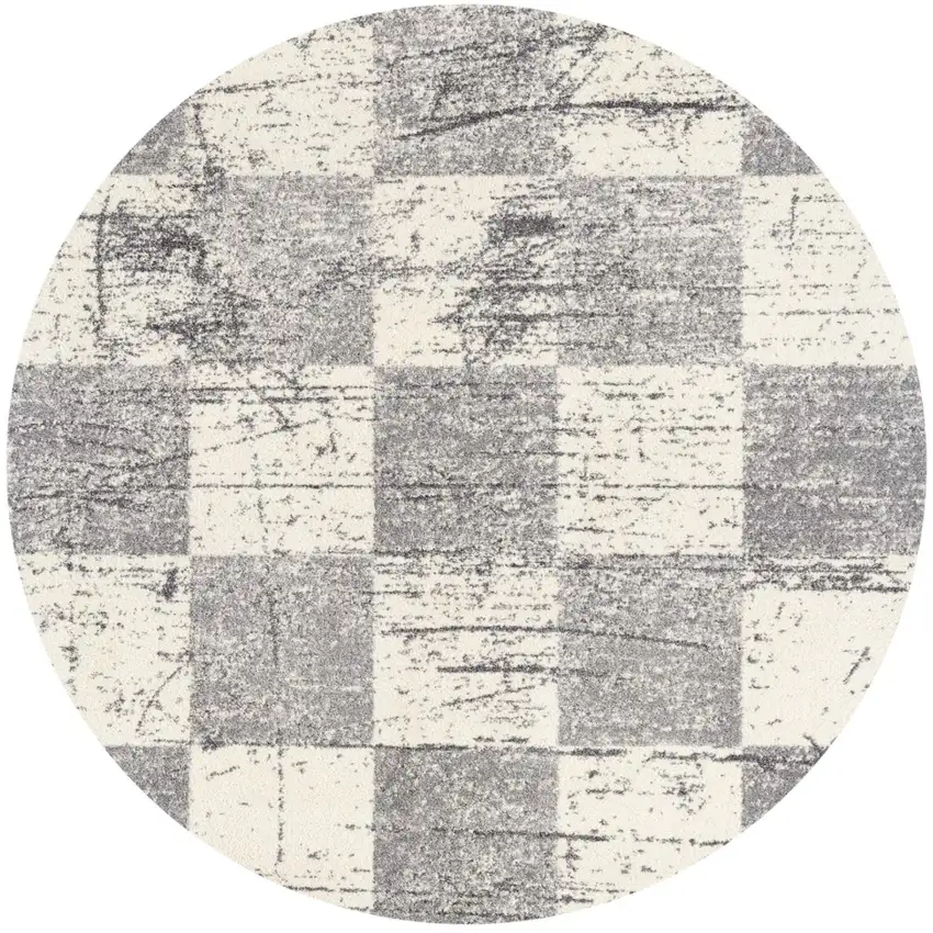 5' White Round Checkered Power Loom Area Rug Photo 2
