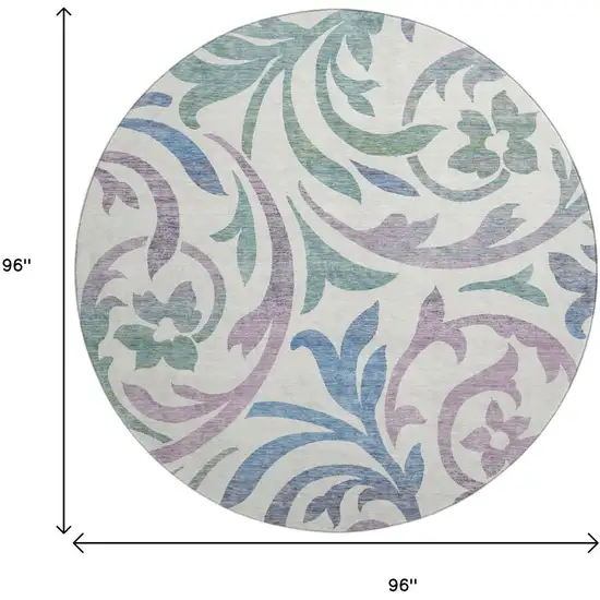 8' White Sage And Mauve Floral Washable Round Rug With UV Protection Photo 3