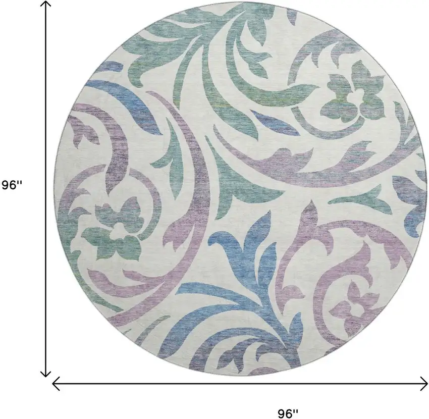 8' White Sage And Mauve Floral Washable Round Rug With UV Protection Photo 3