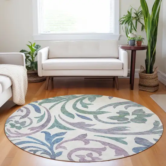 8' White Sage And Mauve Floral Washable Round Rug With UV Protection Photo 5