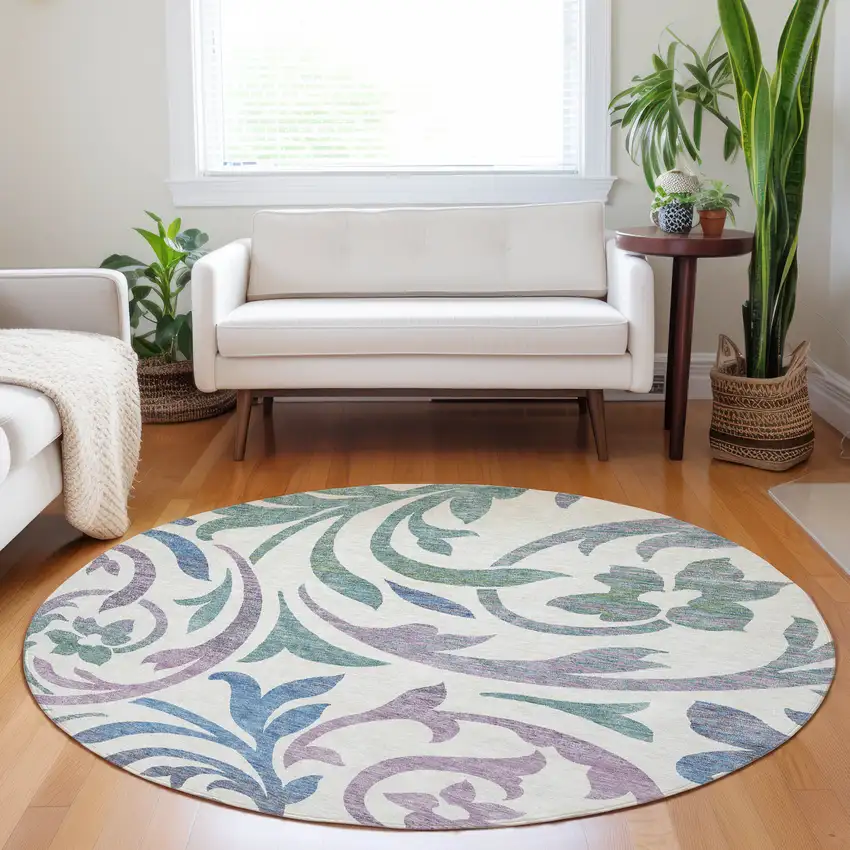 8' White Sage And Mauve Floral Washable Round Rug With UV Protection Photo 5
