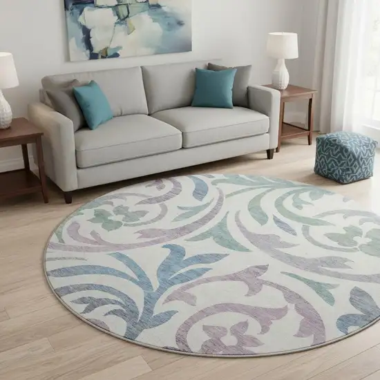 8' White Sage And Mauve Floral Washable Round Rug With UV Protection Photo 2