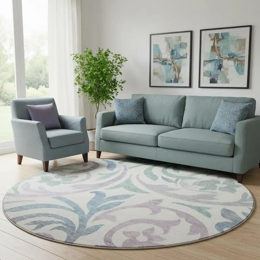 8' White Sage And Mauve Floral Washable Round Rug With UV Protection Photo 1