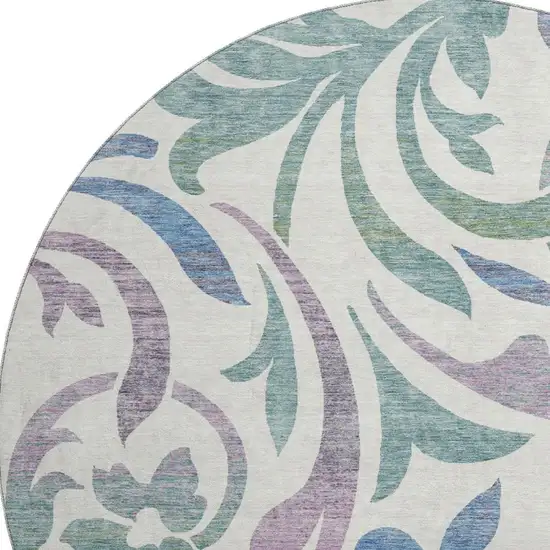 8' White Sage And Mauve Floral Washable Round Rug With UV Protection Photo 3