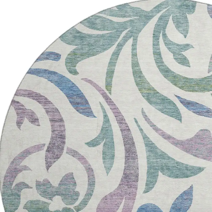 8' White Sage And Mauve Floral Washable Round Rug With UV Protection Photo 3