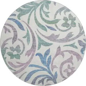 Photo of 8' White Sage And Mauve Floral Washable Round Rug With UV Protection