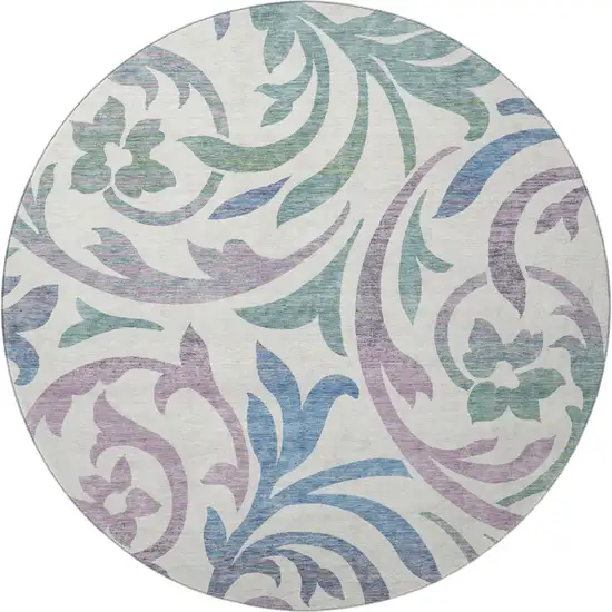 8' White Sage And Mauve Floral Washable Round Rug With UV Protection Photo 4