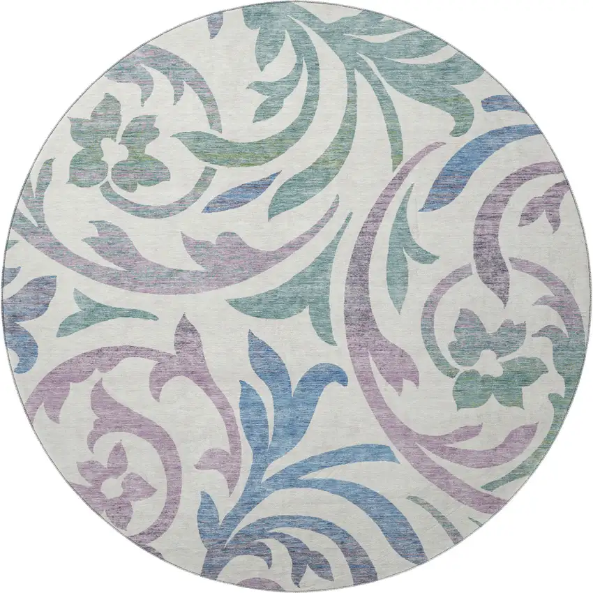 8' White Sage And Mauve Floral Washable Round Rug With UV Protection Photo 4