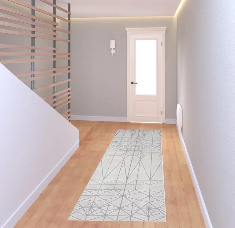 8' White Silver And Gray Geometric Stain Resistant Runner Rug Photo 2
