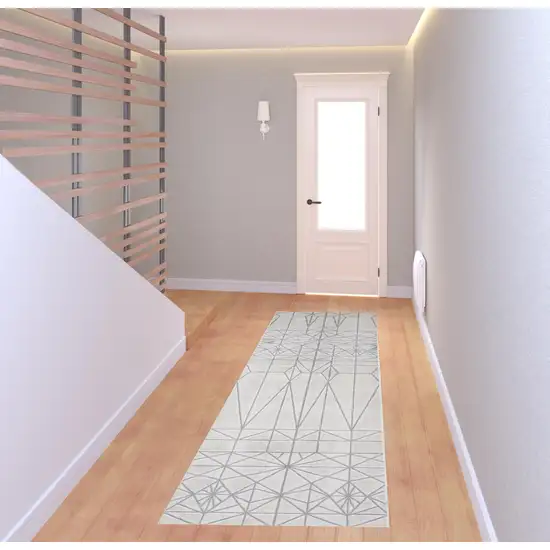 8' White Silver And Gray Geometric Stain Resistant Runner Rug Photo 2