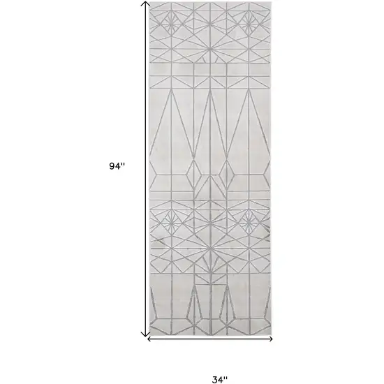 8' White Silver And Gray Geometric Stain Resistant Runner Rug Photo 6